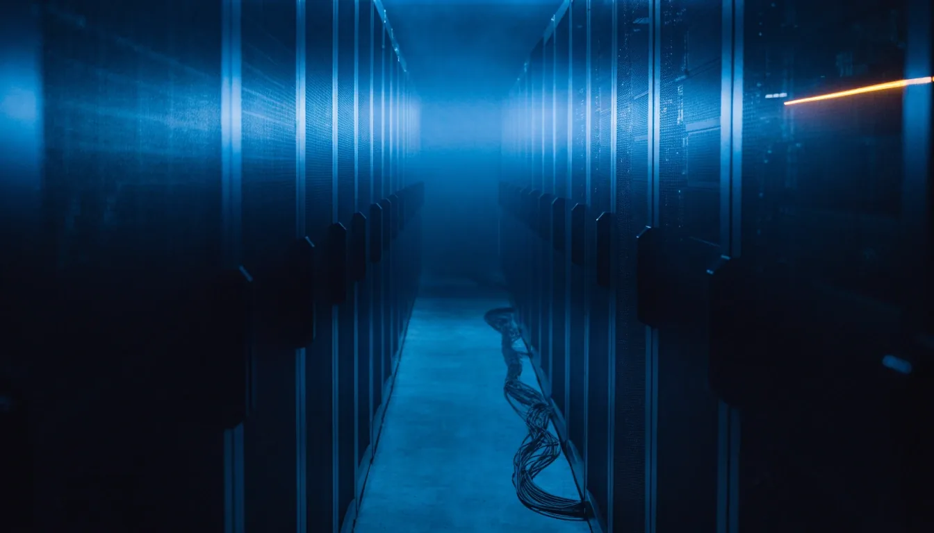 A cold-lit server room aisle at night with cabling along the floor
