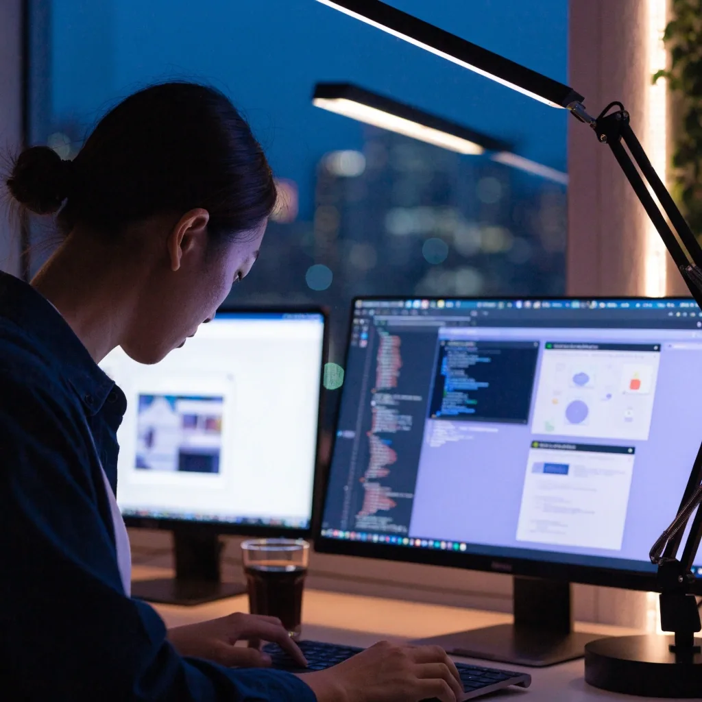 A dark desk at night with a keyboard and a coiled cable under warm rim light