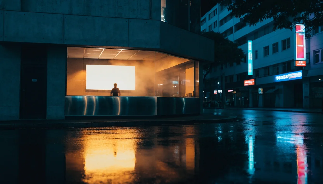 A fogged Singapore storefront counter glowing at night, seen from across a dark wet street