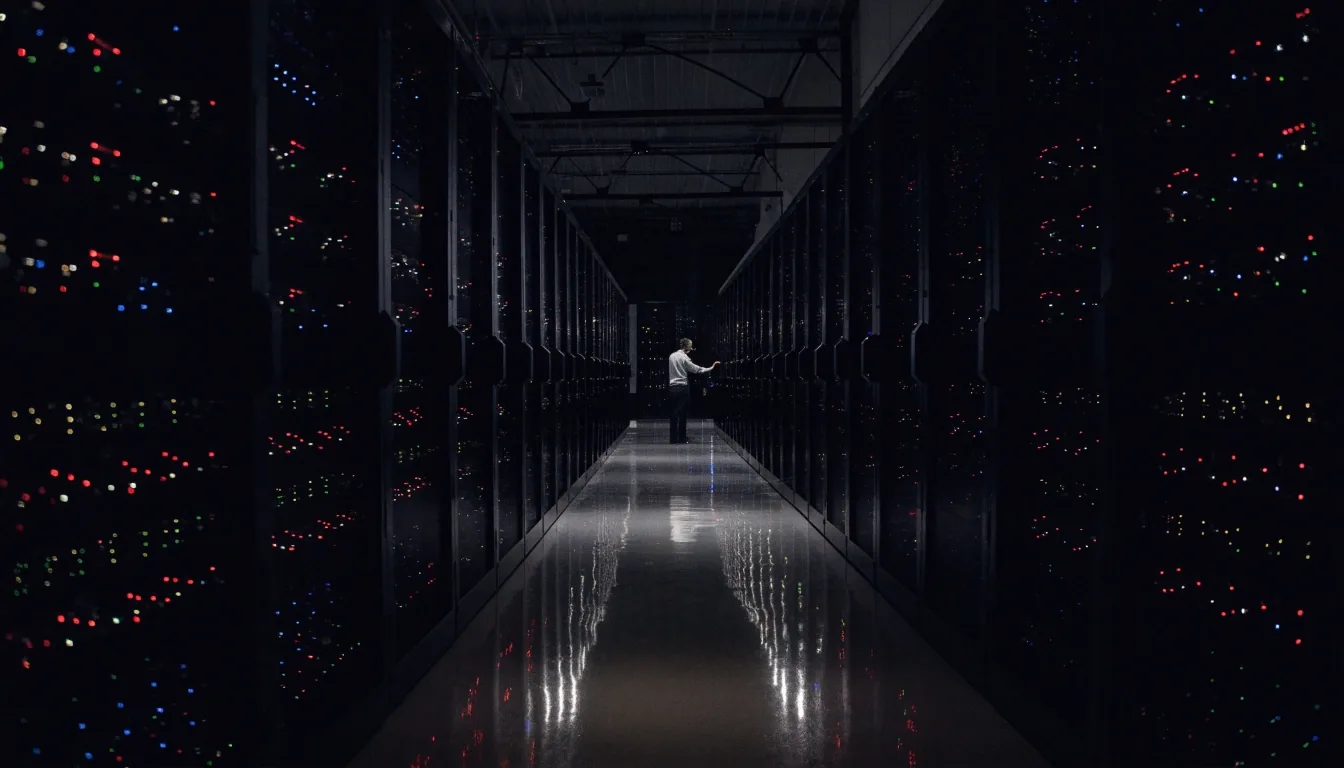 A cold-lit server room aisle at night with an engineer checking a cable in the distance