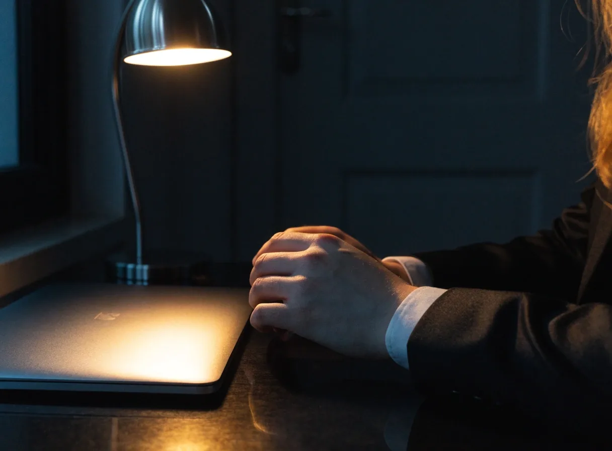 Hands beside a closed laptop on a dark desk lit by one warm lamp after hours