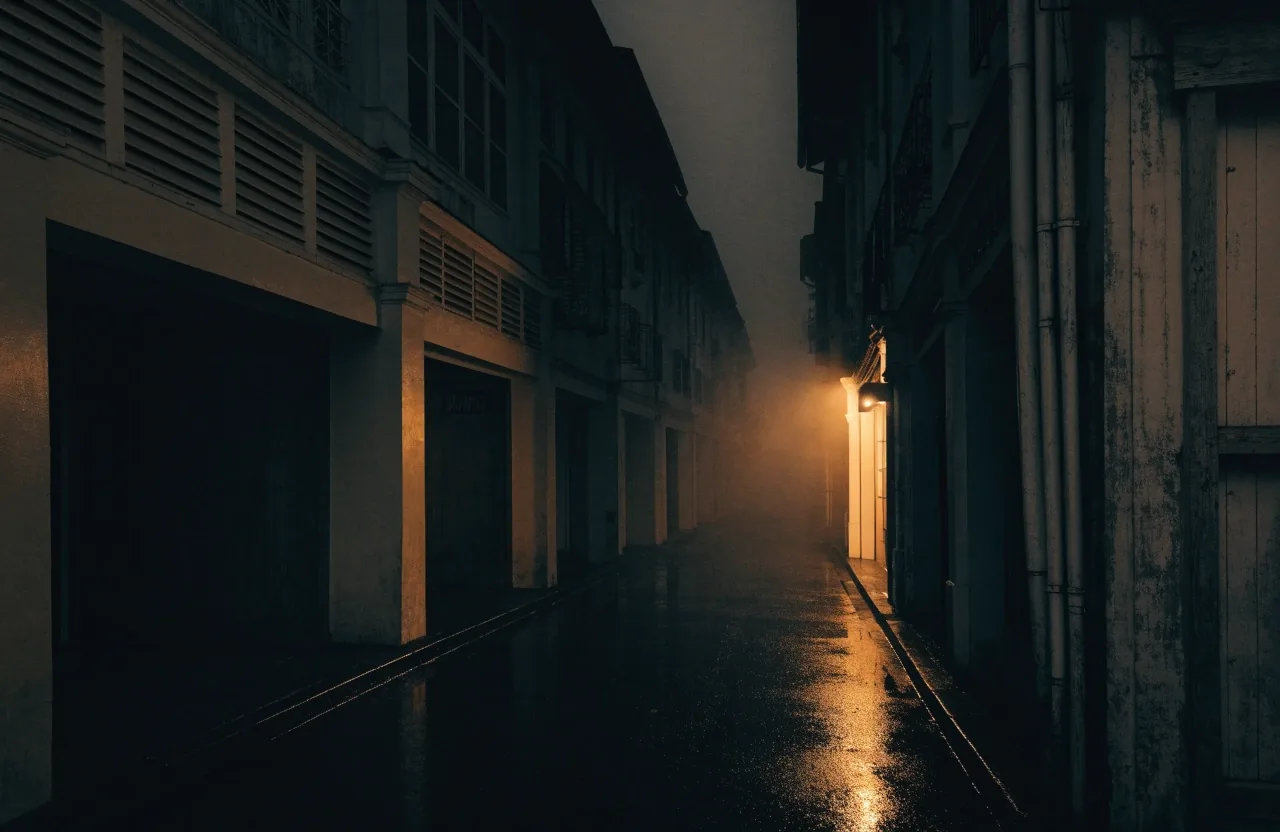 A fogged Singapore lane at night with wet asphalt reflecting one warm shopfront glow