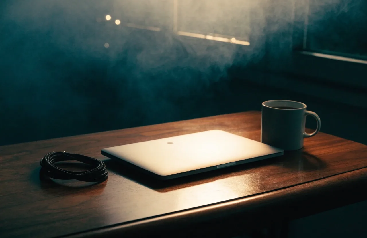 A closed laptop on a dark studio desk at night with a warm lamp rim and a cable run