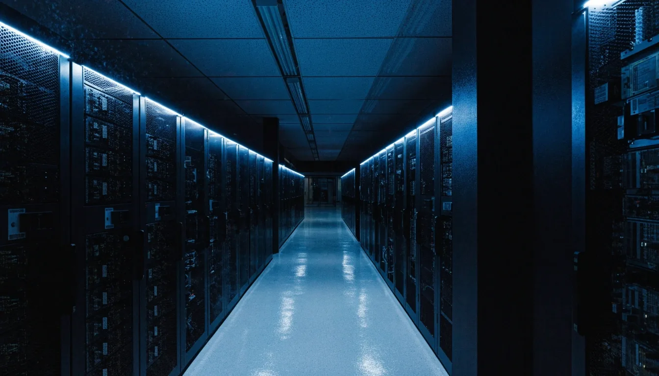 A dark server room aisle at night lit by cold blue rack light in long perspective