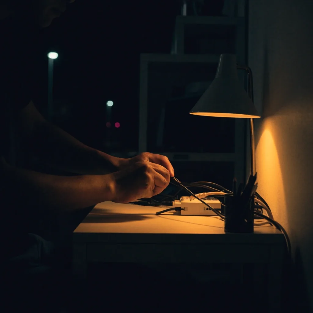 Two people at a work table after hours in a dark studio, lit by one warm lamp