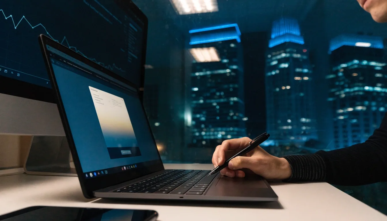 Dark angled view of an ecommerce checkout screen with unreadable glow
