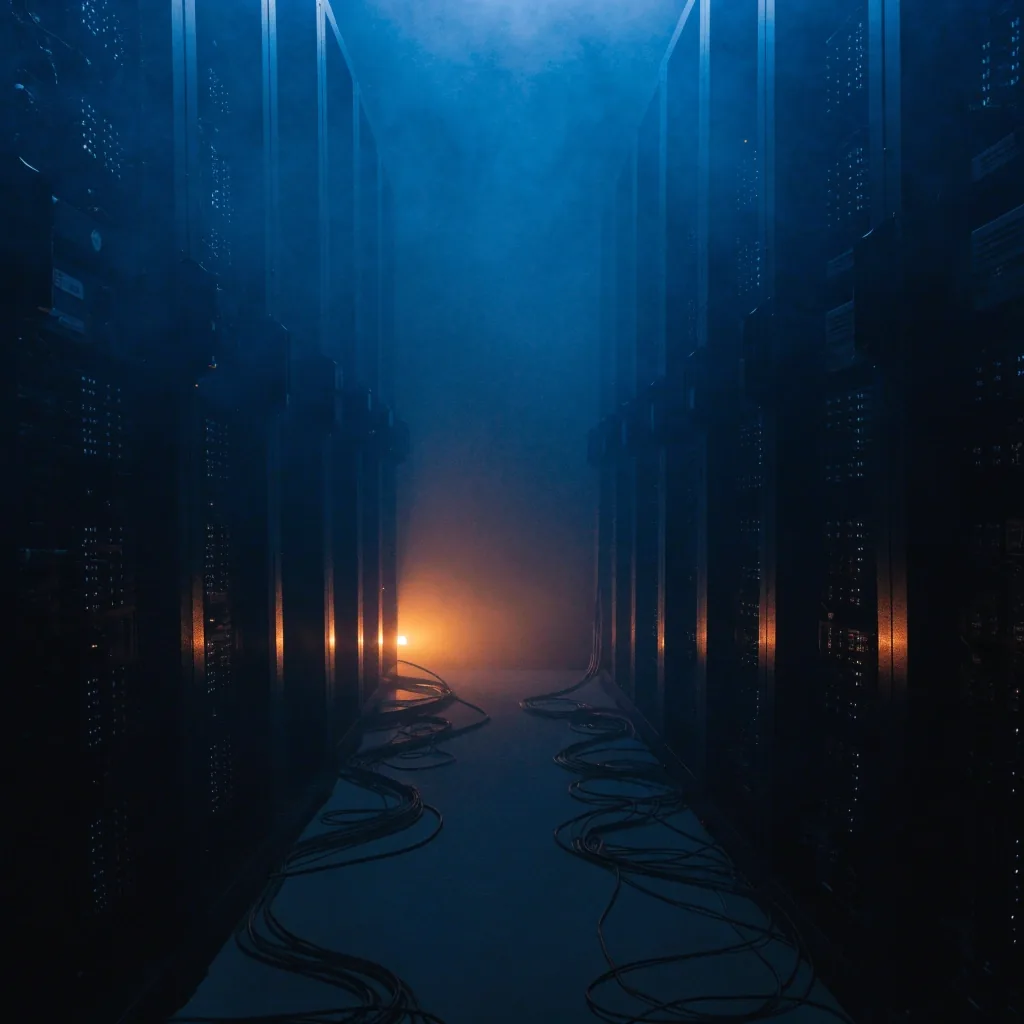 A dark server-room aisle lit by cold blue rack light and one warm glow
