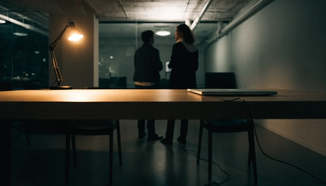 A night studio interior with a closed laptop on a meeting table and two colleagues talking in the background