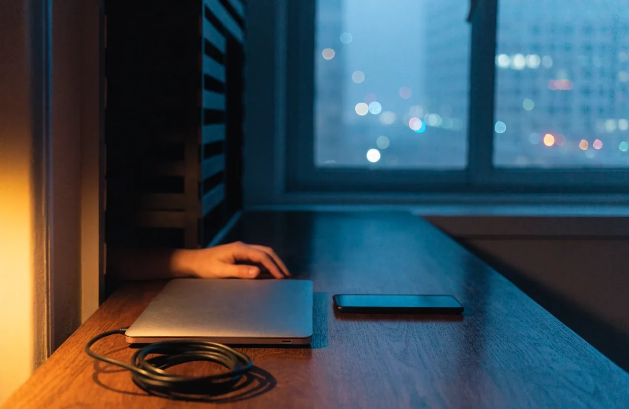 A dark desk workspace at night with a laptop turned away from the camera and one warm lamp