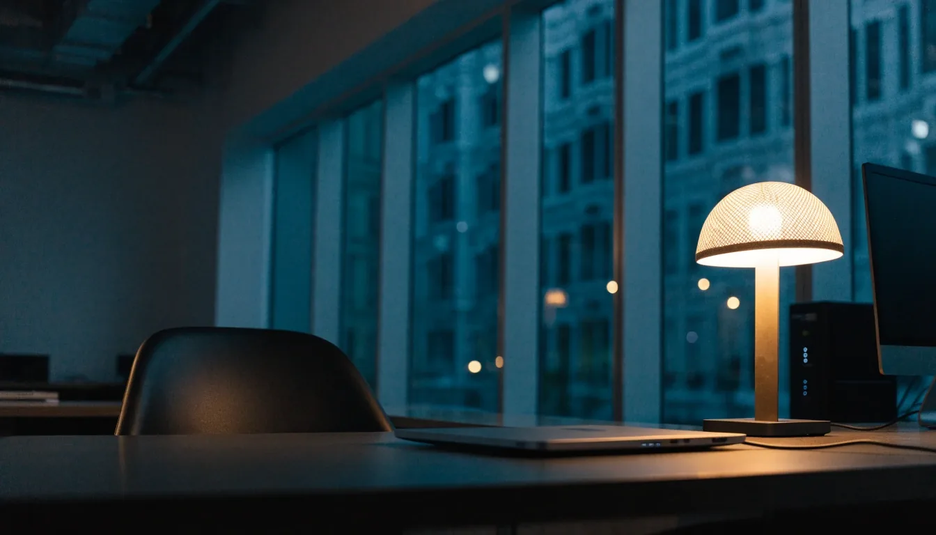 A night studio desk in Singapore with a closed laptop and a cable run under one warm lamp
