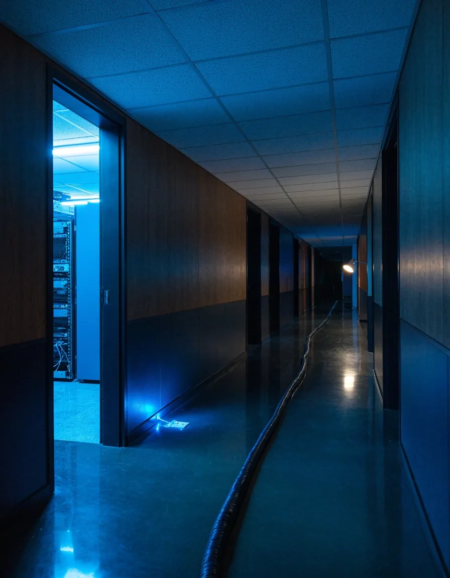 A dark office corridor in Singapore lit by cold server-room light with a cable run along the floor