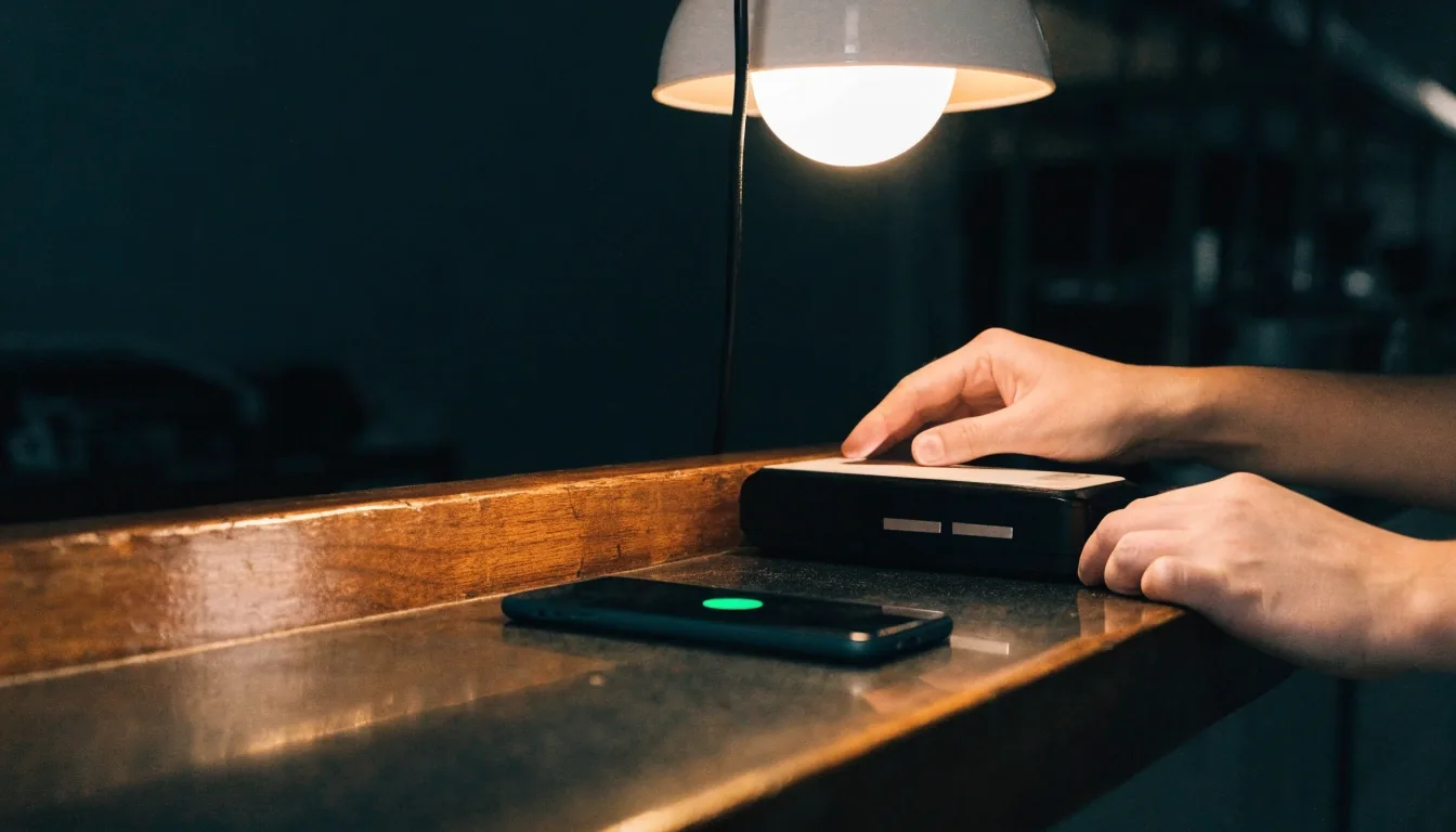 Angled glow of an unreadable checkout interface on a dark desk at night