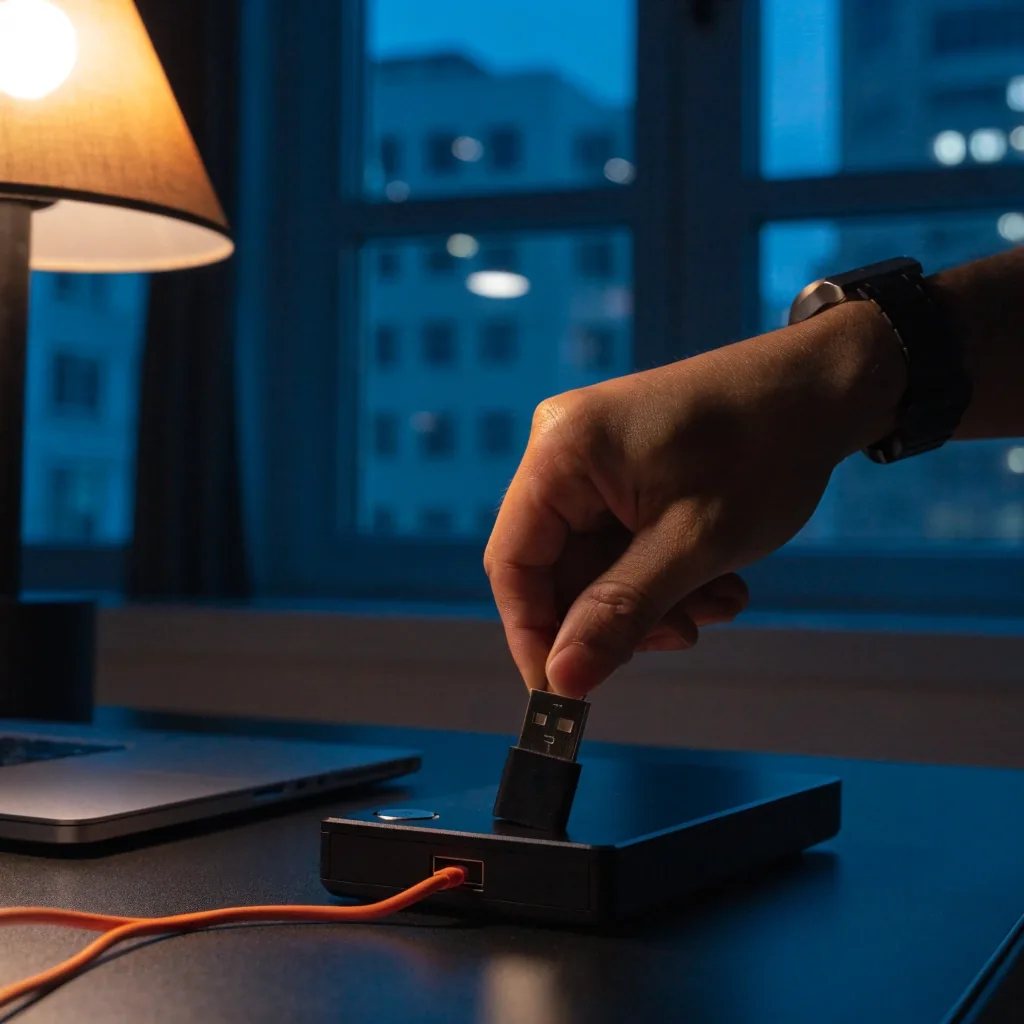 Night desk with an external backup drive and coiled cable beside a closed laptop