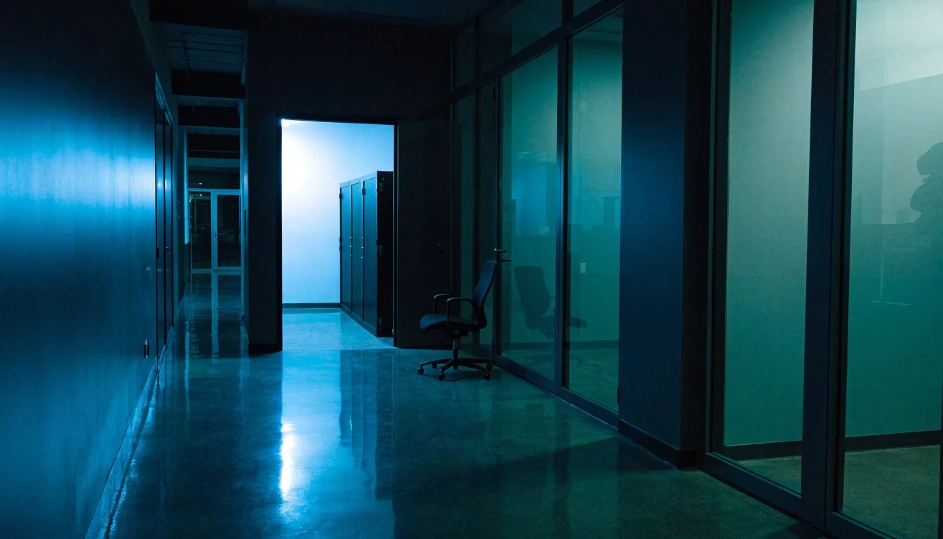 A quiet Singapore studio desk at night with a closed laptop and one warm lamp