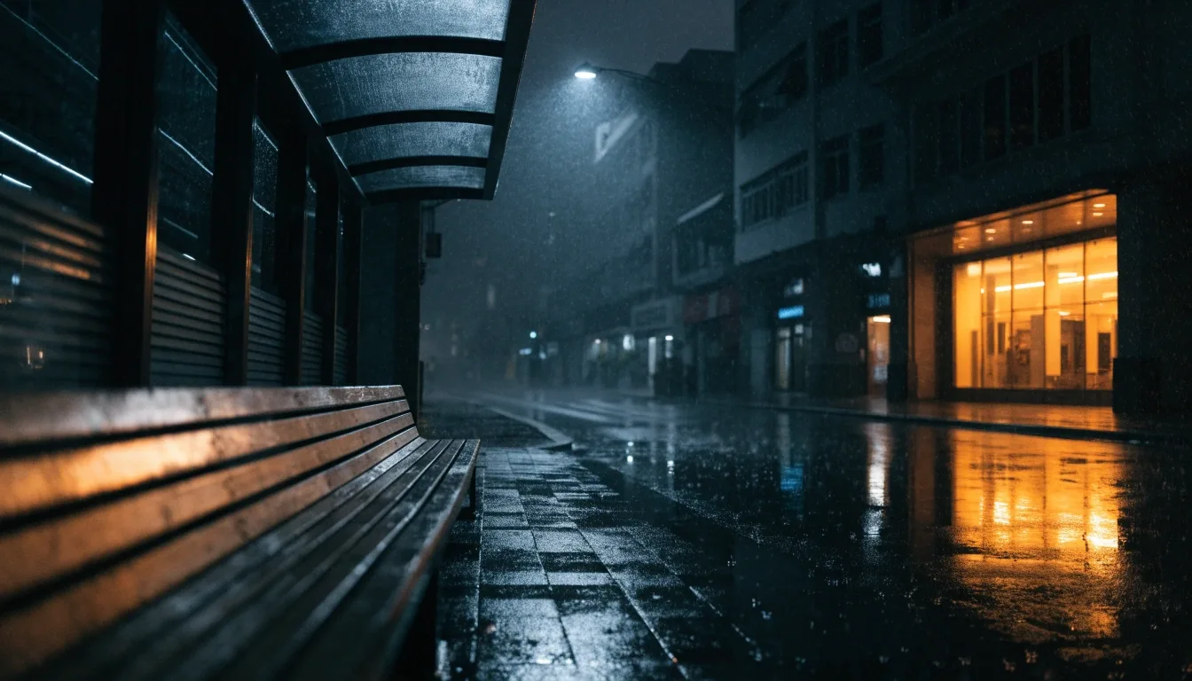 A rainy Singapore street at night with warm shopfront reflections on wet asphalt