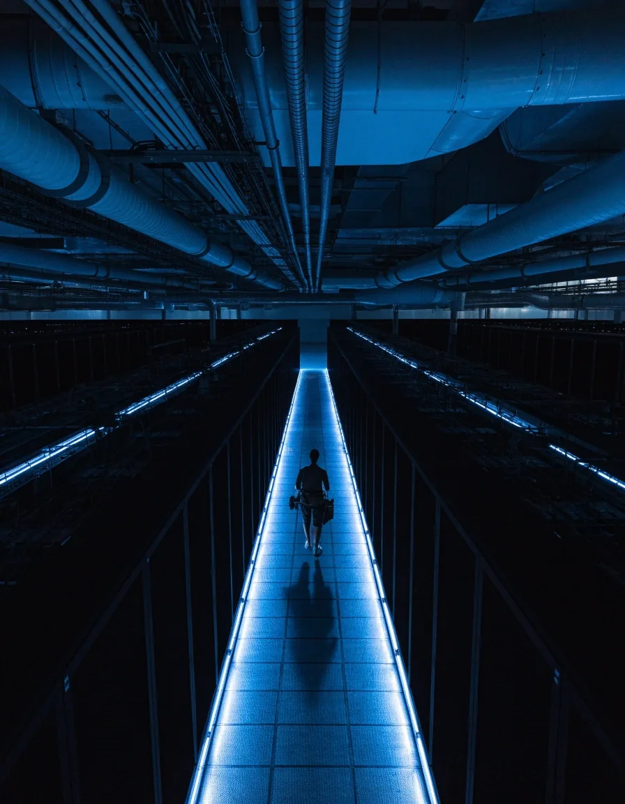 A cold-lit data centre aisle at night with racks receding into darkness