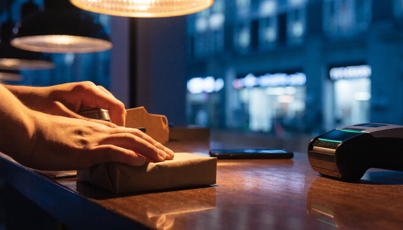A dark desk at night with a keyboard turned away from the camera and a cable run lit by one warm lamp